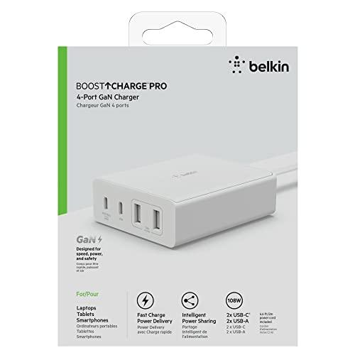 Belkin 108W GaN 4 Port (2 USB-A and 2 USB-C PD 3.0) Fast Charger with PPS Technology, Compact Size, for MacBook, iPad, iPhone and Other USB C Supported laptops & Devices - White