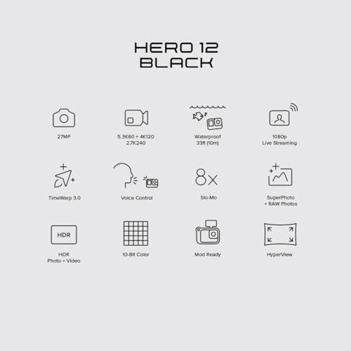 GoPro Hero12 Waterproof Digital Action Camera with Front&Rear LCD Screens,5.3K60 Ultra Hd Video,Hypersmooth 6.0+Autoboost,Live Streaming with Enduro Battery(1-Yr +1-Yr India Warranty),Black