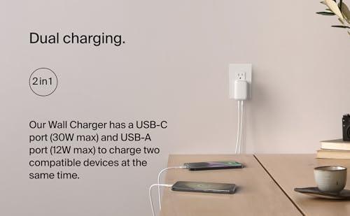 Belkin BoostCharge 42W Dual Port Wall Charger, USB-C + USB-A Charger Fast Charging for iPhone 16, 16 Plus, 16 Pro, 16 Pro Max, iPhone 15, Galaxy S24, Plus, Ultra, iPad, Pixel, AirPods & More - White