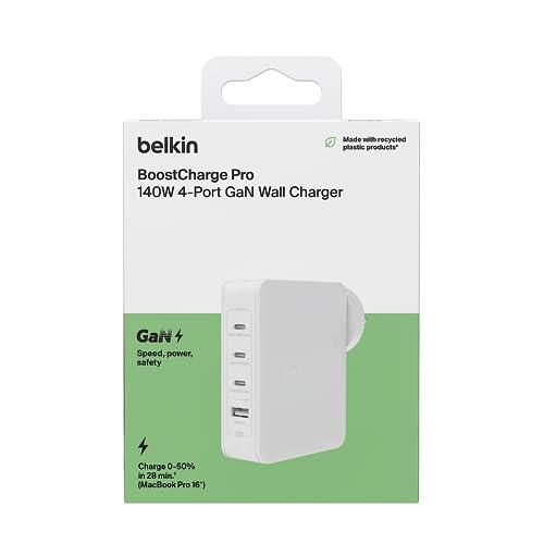 Belkin 140W 4-Port GaN Wall Charger, Multi-Port Charger Block w/USB-C Power Delivery Fast Charge & USB-A Port for Apple MacBook, iPhone 16 Series, iPad Pro, Samsung Galaxy S24, Google Pixel, & More