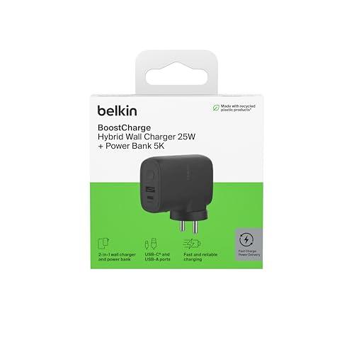 Belkin USB-C Hybrid Wall Charger | 25W Pps + 5K Power Bank | for iPhone 16, 15, 14, 13 | Black