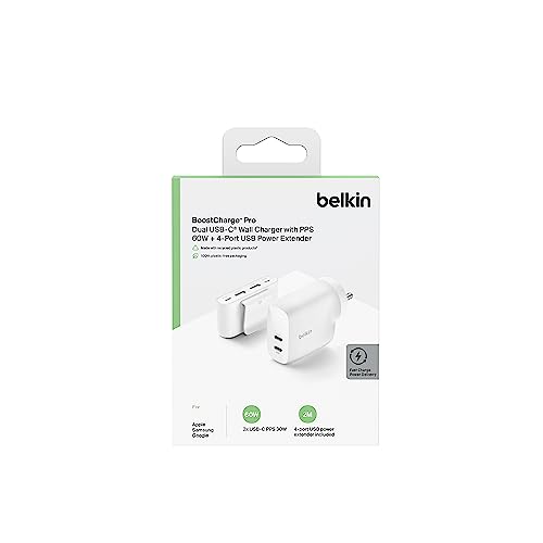 Belkin 60W (30w + 30W) Dual USB-C PPS Fast Charging Wall Charger/Adapter with 4-Port (2 USB-C & 2 USB-A) 2 Meter Power Extender for iPhone 15, 14, 13, 12, iPad & Other USB-C suported Devices - White