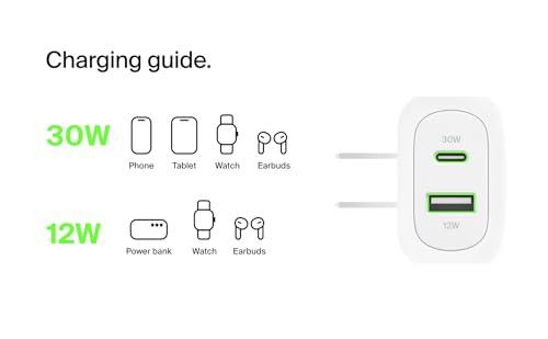 Belkin BoostCharge 42W Dual Port Wall Charger, USB-C + USB-A Charger Fast Charging for iPhone 16, 16 Plus, 16 Pro, 16 Pro Max, iPhone 15, Galaxy S24, Plus, Ultra, iPad, Pixel, AirPods & More - White