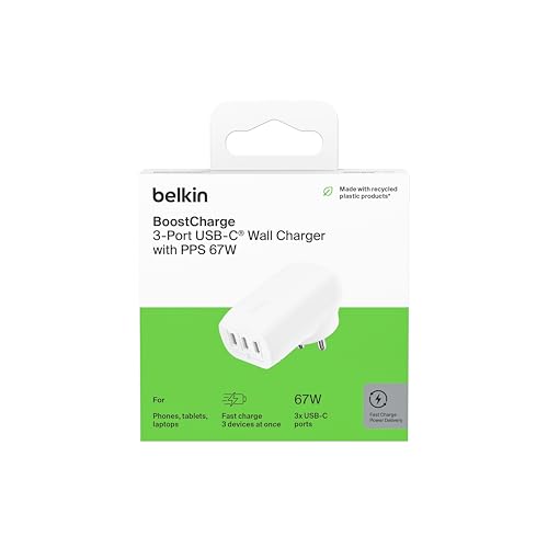 Belkin 67W (27W + 20W + 20W) Triple USB-C Pps Pd Wall Charger for Smartphone,White