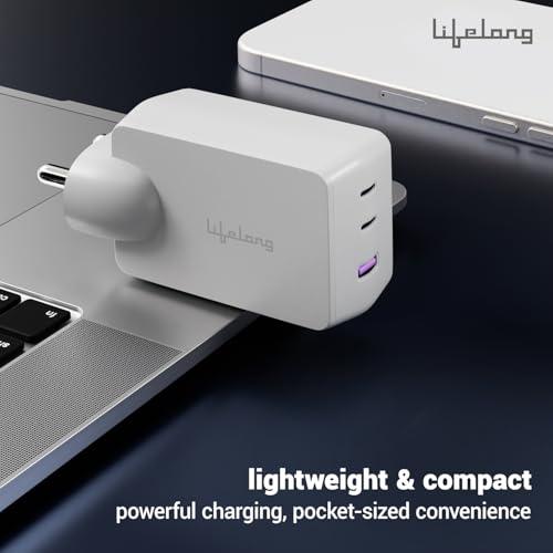 Lifelong 65W GaN Super Fast Wall Charger | 3- Port Output (2 Type C & 1 USB A) Compatible with Laptop (Dell, HP, Lenovo, MacBook), Phones- Samsung, One Plus, Oppo, Mi, Vivo, iPhone, &Tablets (Grey)