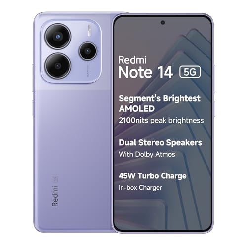 Redmi Note 14 5G (Phantom Purple, 8GB RAM 128GB Storage) | Global Debut MTK Dimensity 7025 Ultra | 2100 nits Segment Brightest 120Hz AMOLED | 50MP Sony LYT 600 OIS+EIS Triple Camera