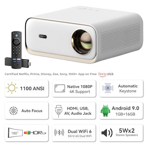 WANBO X5 Projector, Ultra Bright 1100 ANSI, Dual OS - Android + FTS (Certified Netflix, Prime, Hotstar) Native 1080P 4K HDR, 1GB +16GB | Fully Automatic | HDMI ARC | WiFi 6, Dual BT Home Cinema