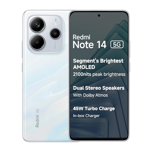 Redmi Note 14 5G (Mystique White, 6GB RAM 128GB Storage) | Global Debut MTK Dimensity 7025 Ultra | 2100 nits Segment Brightest 120Hz AMOLED | 50MP Sony LYT 600 OIS+EIS Triple Camera