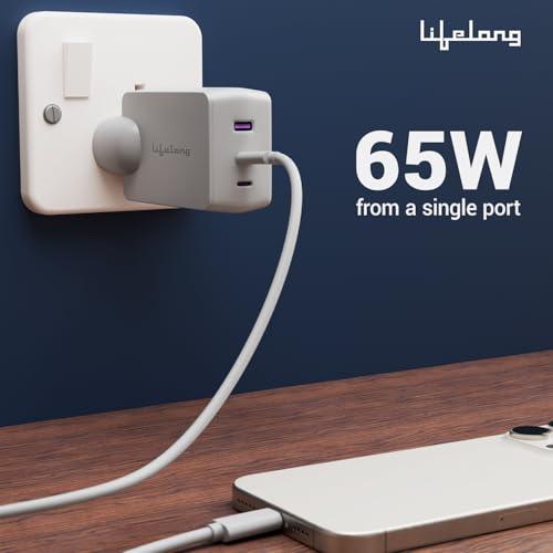 Lifelong 65W GaN Super Fast Wall Charger | 3- Port Output (2 Type C & 1 USB A) Compatible with Laptop (Dell, HP, Lenovo, MacBook), Phones- Samsung, One Plus, Oppo, Mi, Vivo, iPhone, &Tablets (Grey)