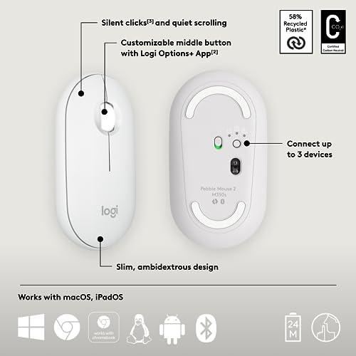 Logitech Pebble Mouse 2 M350s Slim Bluetooth Wireless Mouse, Portable, Lightweight, Customisable Button, Quiet Clicks, Easy-Switch for Windows, macOS, iPadOS, Android, Chrome OS - Tonal White