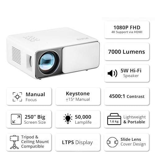 WZATCO Yuva Plus (Upgraded) Native 1080P Full HD Projector with 4K Support, 8400L (Best in Segment), 250" Screen | 5 Watt HiFi Speaker, Bluetooth 5.1 | Slide Lens Door