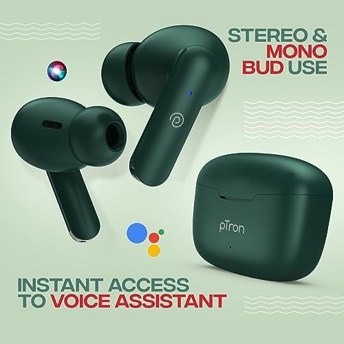 pTron Bassbuds Duo in-Ear Wireless Earbuds, Immersive Sound, 32Hrs Playtime, Clear Calls TWS Earbuds, Bluetooth V5.1 Headphones, Type-C Fast Charging, Voice Assistant & IPX4 Water Resistant (Green) - Triveni World