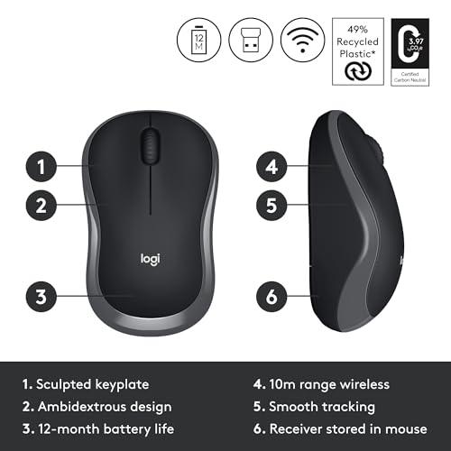 Logitech M186 Wireless Mouse, 2.4GHz with USB Mini Receiver, 12-Month Battery Life, 1000 DPI Optical Tracking, Ambidextrous, Compatible with PC, Mac, Laptop