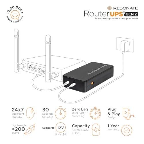 RESONATE RouterUPS Gen2| 3x2600mAh Battery| Zero Drop | UPS for WiFi Router| Upto 5-Hour Power Backup| BRP| RouterUPS Compatible with all 12V < 2A Devices, FTTH, Set Top Box, IoT, Mini Camera.