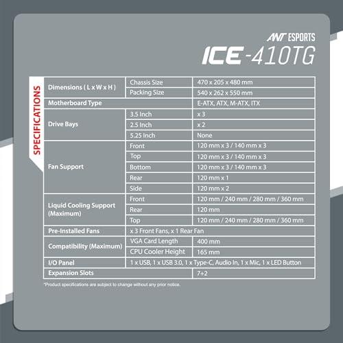 Ant Esports ICE- 410TG Mid- Tower Computer Case/Gaming Cabinet with Type C - Black | Support E-ATX, ATX, M-ATX, ITX | Pre-Installed 3 x 120 mm ARGB Front Fans and 1 x 120mm ARGB Rear Fan