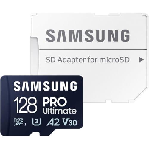 SAMSUNG PRO Ultimate microSD Memory Card + Adapter, 128GB microSDXC, Up to 200 MB/s, 4K UHD, UHS-I, Class 10, U3,V30, A2 for Action Camera, Drone, Gaming, Phones, Tablets, MB-MY128SA/WW