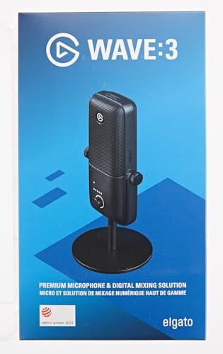 Elgato Wave:3 Premium USB Condenser Unidirectional Microphone and Digital Mixing Solution, Anti-Clipping Technology, Capacitive Mute, Streaming and Podcasting, (10MAB9901, Black)