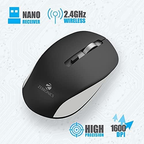 ZEBRONICS ZEB-JAGUAR Wireless Mouse, 2.4GHz with USB Nano Receiver, High Precision Optical Tracking, 4 Buttons, Plug & Play, Ambidextrous, for PC/Mac/Laptop (Black+Grey)