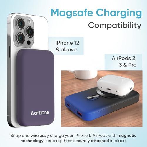 Ambrane Magsafe Wireless 10000Mah Fast Charging Power Bank,Strong Magnet,22.5W Output for iPhone 12 Back Cover & Above,Android & Other Qi Enabled Devices + Magnetic Ring (Aerosync Snap,Silver)