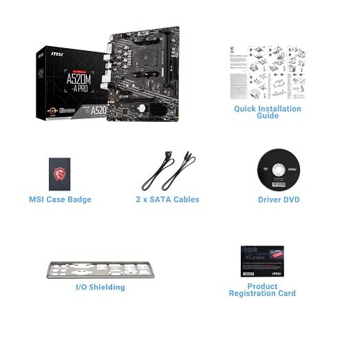 MSI A520M-A PRO Motherboard (AMD Ryzen 3000 3rd Gen AM4, DDR4, M.2, USB 3.2 Gen 1, HDMI, Micro ATX)