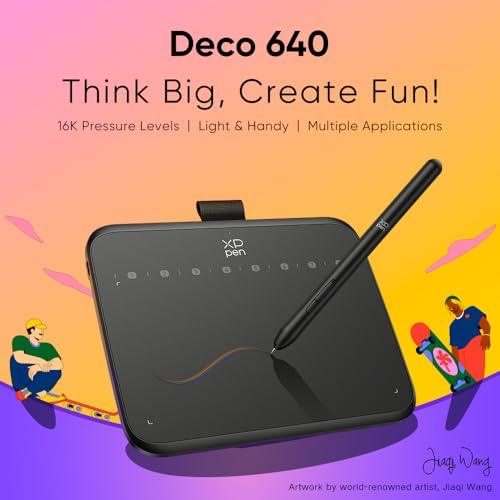 XPPen Deco 640 Graphics Drawing Pen Tablet 6x4 inches with 16384 Levels Pressure Sensitivity, 8 Soft Shortcut Keys, Battery Free Stylus, Android Support, Black