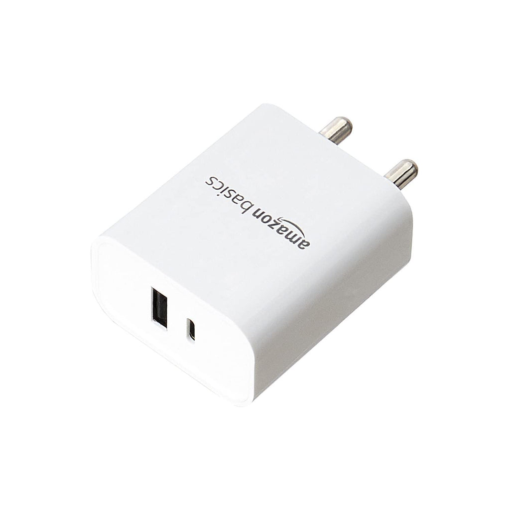 Amazon Basics 24 Watts Phone Charger for Type C Adapter with Charging Without Cable Easy to Carry Dual Output (White)