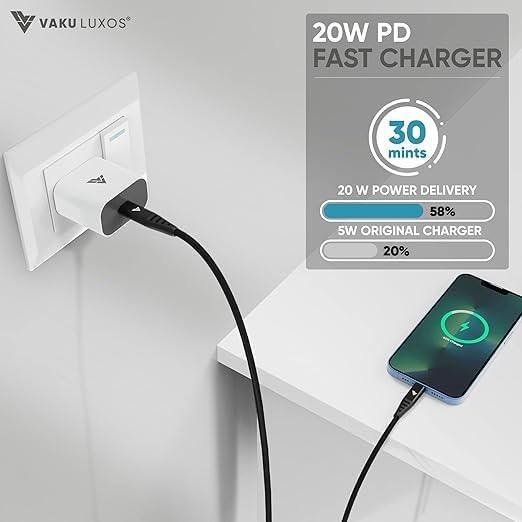 Dr Vaku® 20W Fast Charger Adapter Compatible with iPhone 15/15 Plus/15 Pro/15 Pro Max, Laptop & Other Type C Devices with 1 Meter Nylon Braided Type C to Type C Data Cable PD 2.0 (Adapter+Cable)