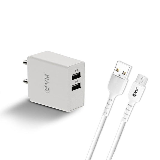 EVM Dual USB Charger with Micro USB Cable Included - 5V 2.4A Fast Charge -Dual Simultaneous Charging - Over Current, Short Circuit, Surge Protection - BIS Certified - 1 Year Warranty (EVM-CH-03)