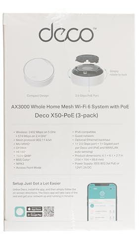 TP-Link Deco X50-PoE AX3000 Whole Home Mesh WiFi 6 System with PoE | 3000 Mbps Wireless Gigabit Smart Dual Band Router | Multi-Gig 2.5 Gbps Wired Network | Pack of 3 | Alexa and Google Compatible