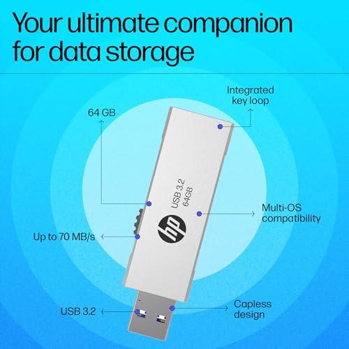 HP 818w 64GB USB 3.2 Flash Drive Silver Metal