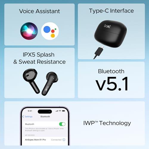 boAt Airdopes Atom 81 Pro Tws in Ear Earbuds W/ 100Hrs of Playtime, 4 Mics with Enx, Beast Mode with 50Ms Low Latency, 13Mm Drivers, Iwp Tech, ASAP Charge(Obsidian Noir), Black