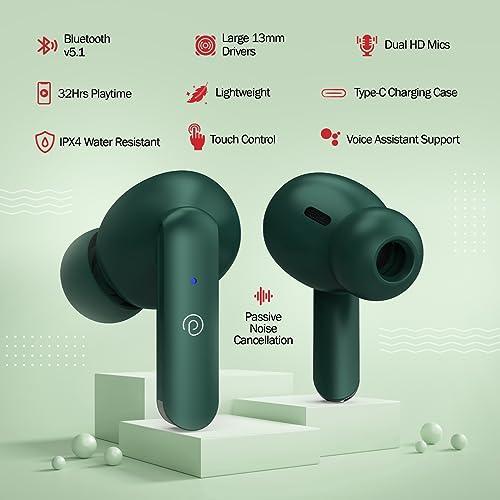 pTron Bassbuds Duo in-Ear Wireless Earbuds, Immersive Sound, 32Hrs Playtime, Clear Calls TWS Earbuds, Bluetooth V5.1 Headphones, Type-C Fast Charging, Voice Assistant & IPX4 Water Resistant (Green) - Triveni World