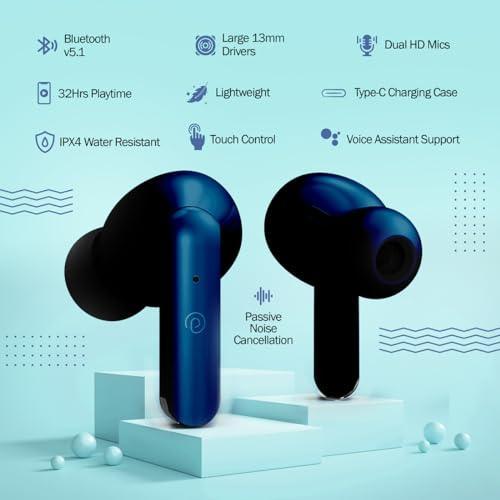 pTron Bassbuds Duo in Ear Earbuds with 32Hrs Total Playtime, Bluetooth 5.1 Wireless Headphones, Stereo Audio, Touch Control TWS, with Mic, Type-C Fast Charging, IPX4 & Voice Assistance (Blue) - Triveni World