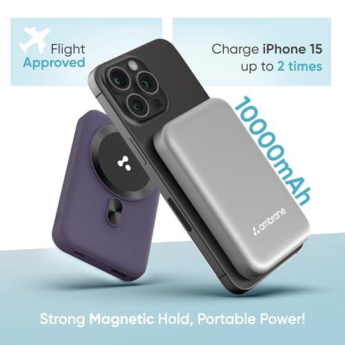 Ambrane MagSafe Wireless 10000mAh Fast Charging Power Bank, Strong Magnet, 22.5W Output for iPhone 12 & Above, Android & Other Qi Enabled Devices + Magnetic Ring (Aerosync Snap, Purple)