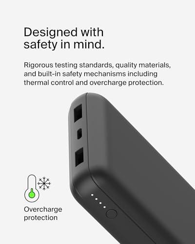 Belkin 20000 mAh PD 3.0 Slim Fast Charging Power Bank with 1 USB-C and 2 USB-A Ports to Charge 3 Devices Simultaneously, for iPhones, Android Phones, Smart Watches & More - Black