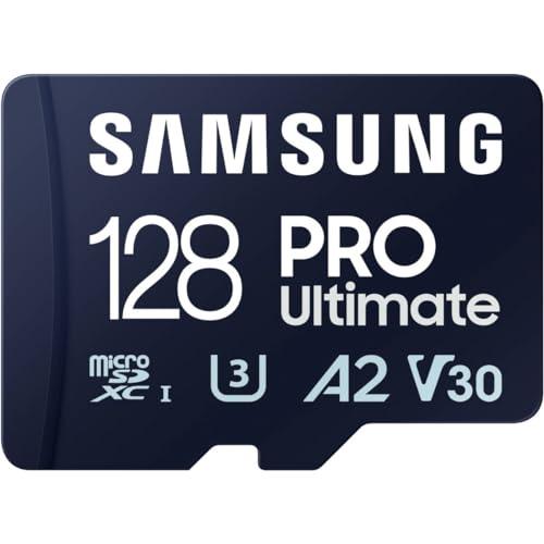 SAMSUNG PRO Ultimate microSD Memory Card + Adapter, 128GB microSDXC, Up to 200 MB/s, 4K UHD, UHS-I, Class 10, U3,V30, A2 for Action Camera, Drone, Gaming, Phones, Tablets, MB-MY128SA/WW