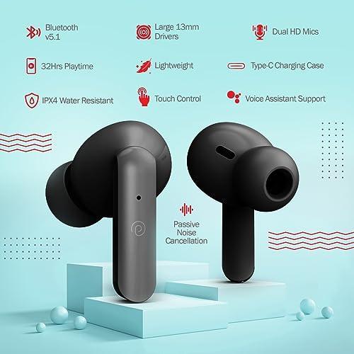 pTron Bassbuds Duo in-Ear Wireless Earbuds, Immersive Sound, 32Hrs Playtime, Clear Calls TWS Earbuds, Bluetooth V5.1 Headphone, Type-C Fast Charging, Voice Assist & IPX4 Water Resistant (Black Matt) - Triveni World