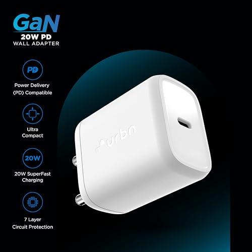 URBN 20W USB C iPhone Gan Charger|2X Faster Charging Compatible with Cellularphone|Power Delivery Adapter|Made in India|iPhone 15/14/13/12/11/Pro/Max/Mini|Samsung Galaxy|Oneplus,Pixel,Mi Redmi&More