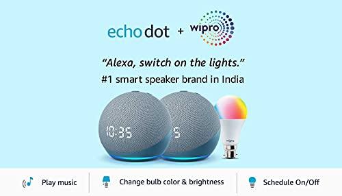 Amazon Echo Dot (4th Gen, Blue) with clock gift twin pack with Wipro 9W smart color bulb