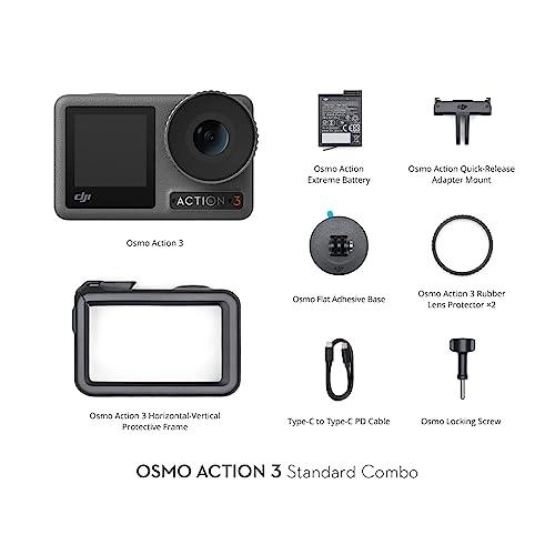 DJI Osmo Action 3 Standard Combo - Outdoor Action Camera with 4K/120fps Optical Zoom 4X & Super-Wide FOV, HorizonSteady, Waterproof, Cold Resistant & Long-Lasting, Vlog Camera for YouTube, Black