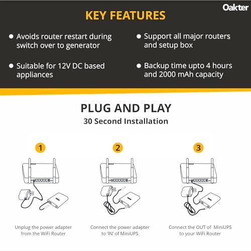 Oakter Mini UPS for 12V WiFi Router Broadband Modem | Backup Upto 4 Hours | WiFi Router UPS Power Backup During Power Cuts | UPS Broadband Modem | Current Surge & Deep Discharge Protection