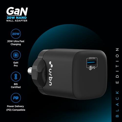 Urbn 20W USB-C iPhone Charger | Ultra-Fast Type C Power Delivery Pd Adapter with Gan Technology | for iPhone 15/14/13, Galaxy, Pixel, Ipad & More - Black