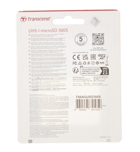 Transcend USD300S A1 64GB UHS-I U1 Class 10 Micro SD Memory Card up to 100/20 MB/s (TS64GUSD300S)