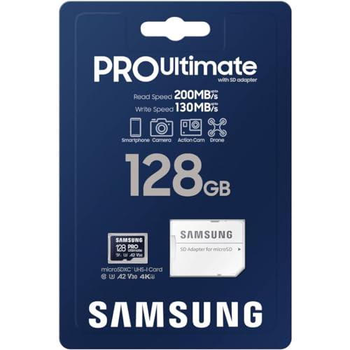 SAMSUNG PRO Ultimate microSD Memory Card + Adapter, 128GB microSDXC, Up to 200 MB/s, 4K UHD, UHS-I, Class 10, U3,V30, A2 for Action Camera, Drone, Gaming, Phones, Tablets, MB-MY128SA/WW