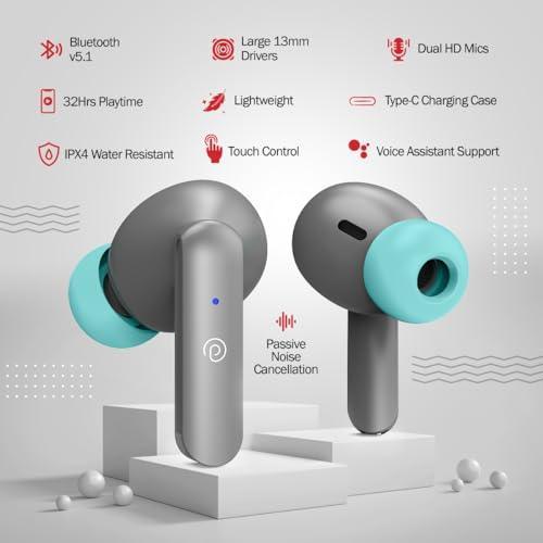 pTron Bassbuds Duo in-Ear Wireless Earbuds, Immersive Sound, 32Hrs Playtime, Clear Calls TWS Earbuds, Bluetooth V5.1 Headphones, Type-C Fast Charging, Voice Assistant & Ipx4 Water Resistant (Grey) - Triveni World