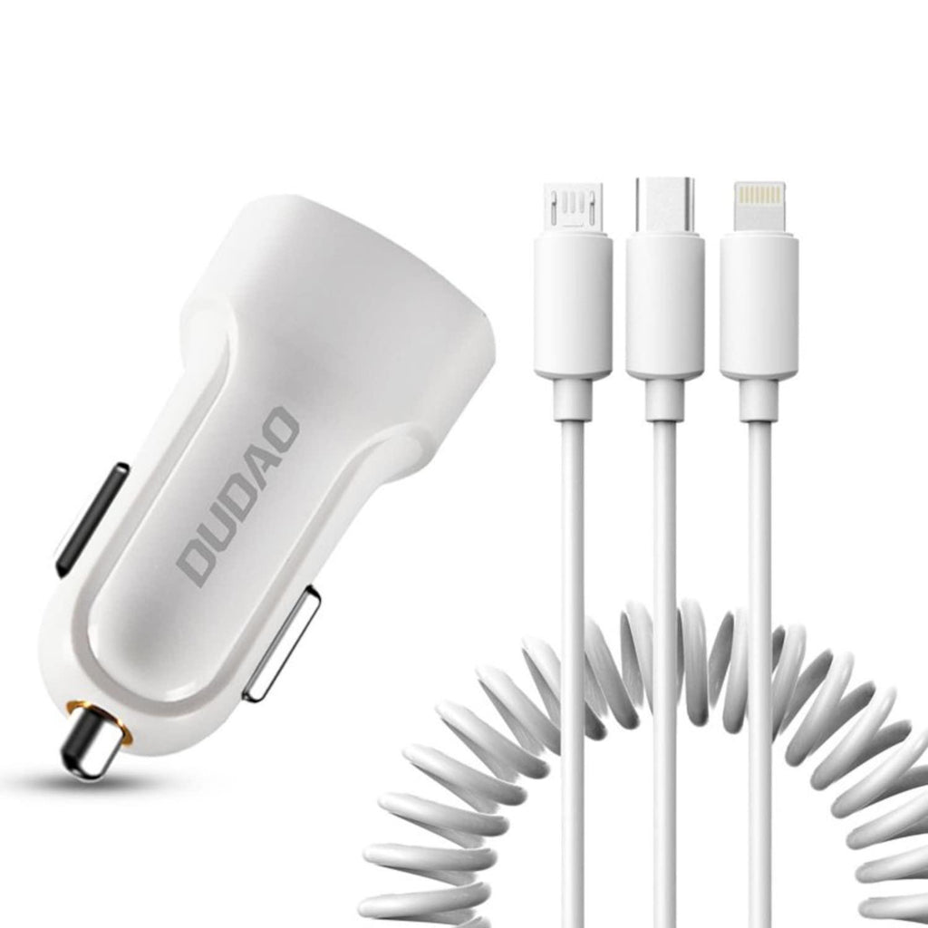 DUDAO R7 Quick Car Charger 3A Super-fast car charger with 3 in 1 stretchable coil Cable 1.2m DUAL USB Port Qualcomm 3.0 Car Charger Adapter, Compatible with iPhone14/13/12pro/Galaxy/S22, Oppo, vivo, one+, Pixel, Mi all devices (White)