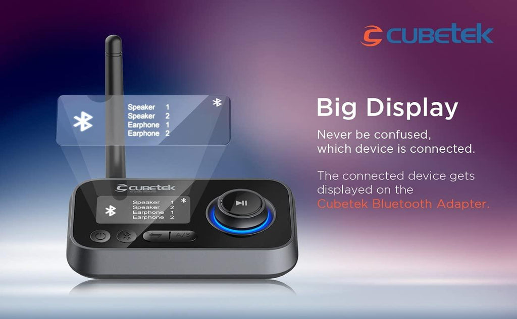 Cubetek 3 in 1 LCD Display V5.0 Bluetooth Transmitter Receiver, Bypass Audio Adapter with Aux, Optical, Dual Link Support for TV, Home Stereo, PC, Headphones, Speakers, Model: CB-BT27