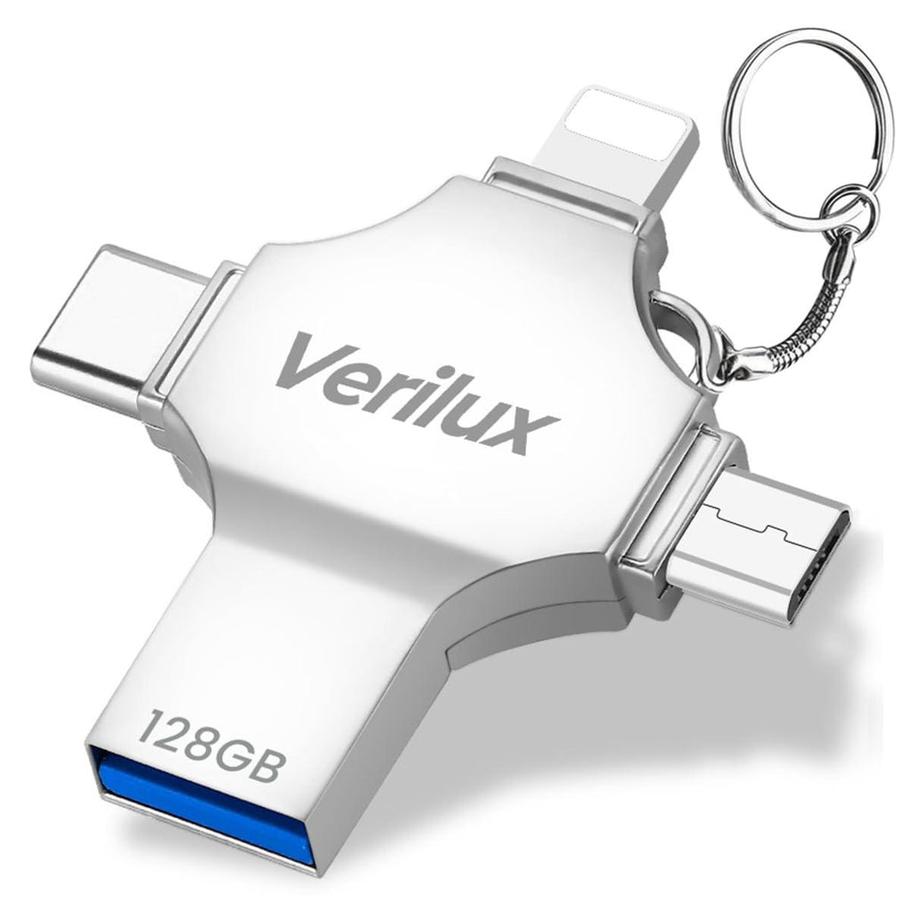 Verilux® Pendrive 128GB 4 in 1 Flash Drive with Light-ning, Micro USB, USB A, Type-C Interface Mini Hangable PenDrive for iOS & Android Compatible with iPhone, iPad, Android, PC and More Devices