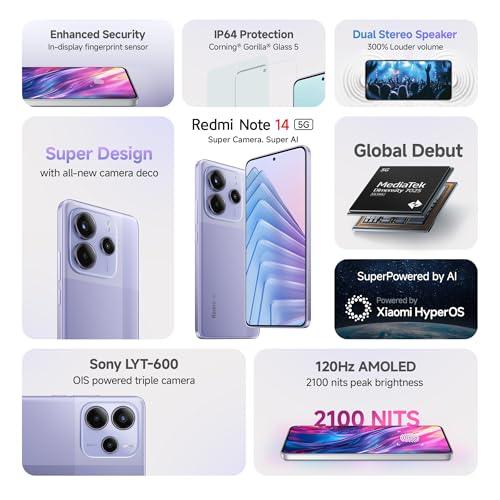 Redmi Note 14 5G (Phantom Purple, 6GB RAM 128GB Storage) | Global Debut MTK Dimensity 7025 Ultra | 2100 nits Segment Brightest 120Hz AMOLED | 50MP Sony LYT 600 OIS+EIS Triple Camera