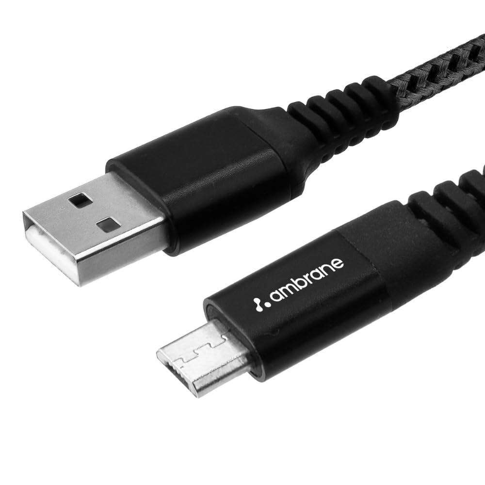 Ambrane Micro USB Cable 3A Fast Charging 1M Braided Cable for Smartphones, Tablets, Laptops & other Micro USB devices, 480Mbps Data Sync, Quick Charge 3.0 (RCM 10, Black)